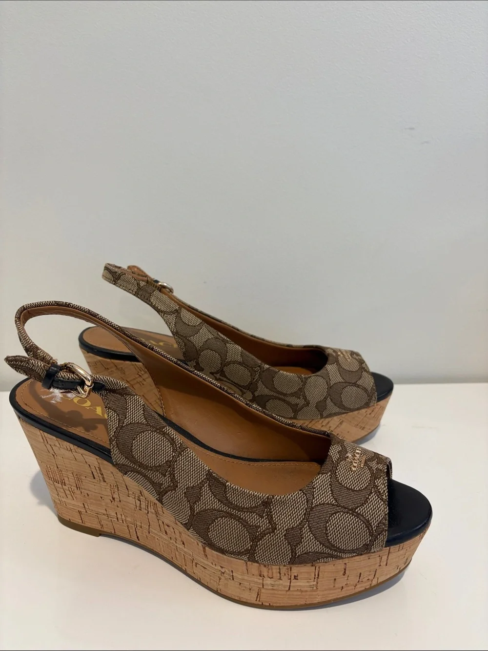 Coach Signature Canvas Cork Platform Wedges in Brown